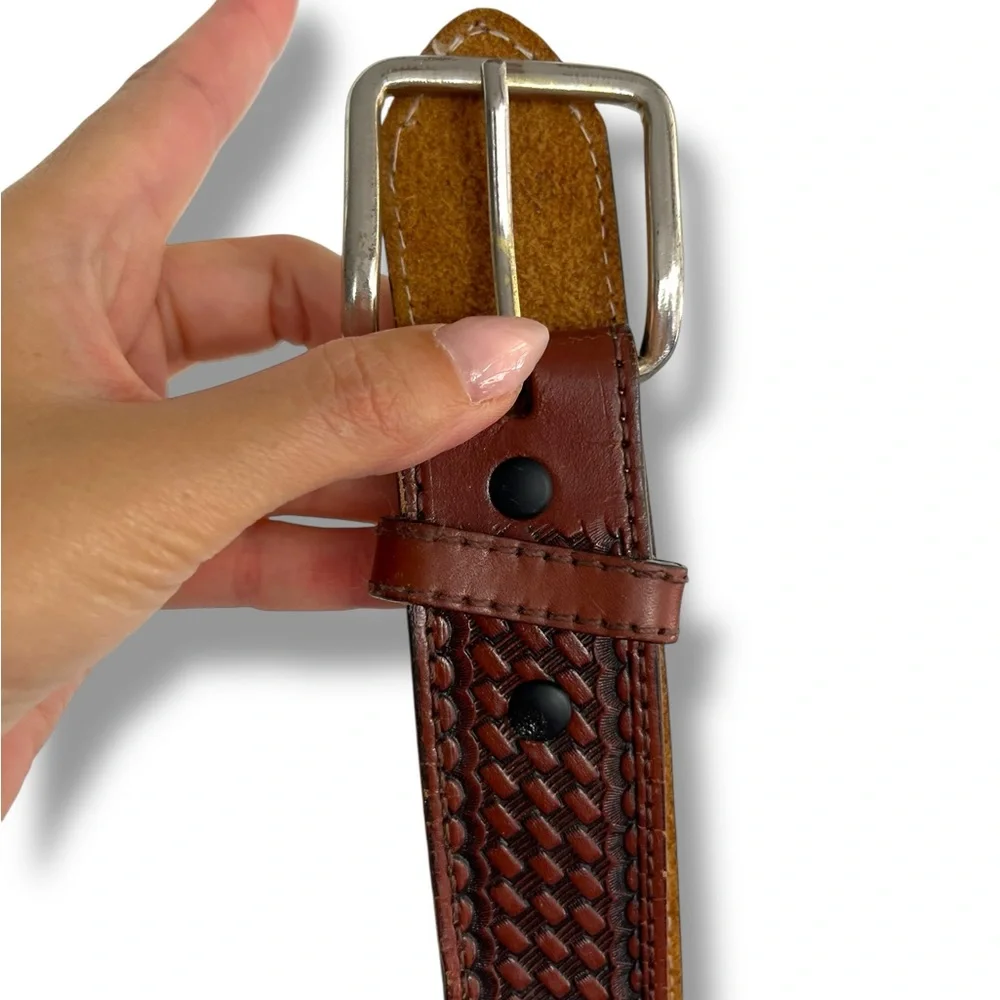 MEN'S HEAVY DUTY BASKET WEAVE WESTERN CASUAL WORK LEATHER BELT Brown 44 Lrg 1.5